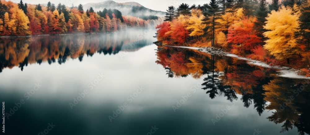 Poster A serene natural landscape of a lake surrounded by trees with autumn leaves reflected in the water under a clear sky