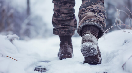 Lone Military Personnel on a Snowy Trek in Wintry Wilderness