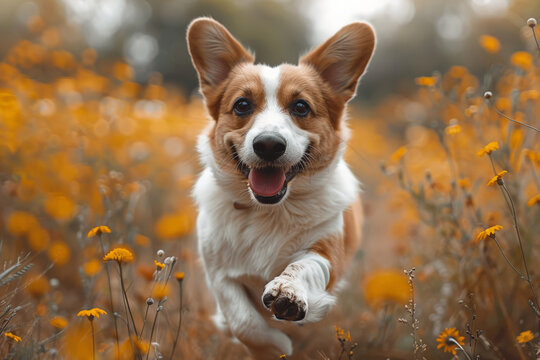 Joyful Dog Running Through a Field of Blooming Flowers Captured in High Definition Image