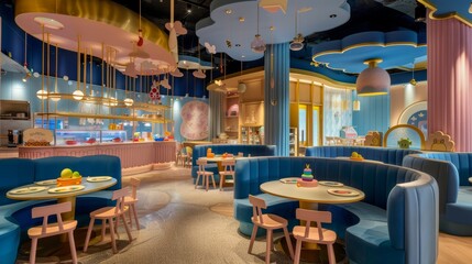 A nursery-themed upscale restaurant where kids happily engage in a food tasting adventure elegance meets childhood wonder