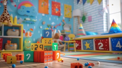 Bright and cheerful nursery scene where kids learn to count with playful number blocks surrounded by laughter and learning aids