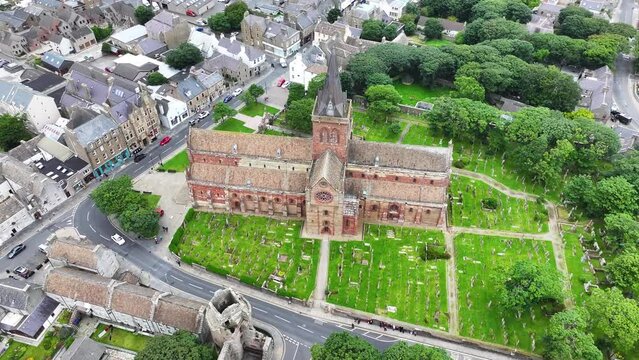 Drone Aerial View, St. Magnus Cathedral, Landmark of Kirkwall, Scotland UK