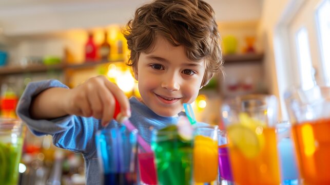 Close-up of a child pretending to be a bartender crafting colorful non-alcoholic drinks with a smile in a playful kitchen setting