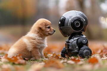 Puppy Encounters Robotic Companion in Autumn Scene with Fallen Leaves - 771126922