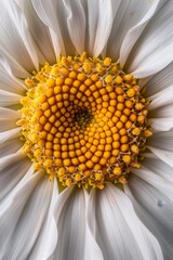 A Close-Up Glimpse into the Heart of Spring: The Bright Yellow Center of a White Daisy Illuminated by the Warm Sunlight