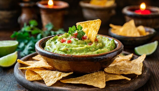A bowl of guacamole and tortilla chips at a Mexican restaurant