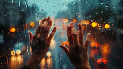 A pair of hands pressing against a rainsoaked glass trying to catch a glimpse of the city streets outside as the rain falls in a hazy curtain. - obrazy, fototapety, plakaty