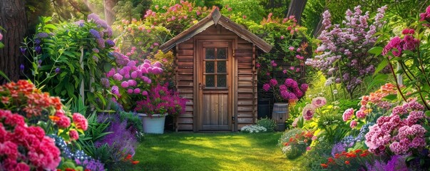 Fototapeta na wymiar A Quaint Garden Shed Enveloped in a Symphony of Blooming Spring Flowers, Offering a Serene Escape into Nature's Embrace
