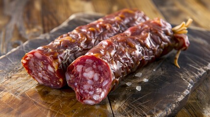sausage Fuet fresh cured meat product meal food snack on the table copy space food background rustic top view