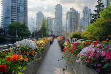A Serene Stroll Above the Hustle: A Pedestrian Bridge Brimming with Blooming Flowers Overlooking the Busy City Traffic Below