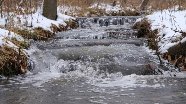 A small stream has frozen over its once gentle flow now halted by the icy grip of Mother Nature. The icy breath of the storm has transformed the peaceful waterway into a frozen