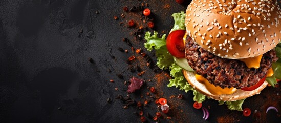 A classic hamburger made with lettuce, tomatoes, and cheese, served on a black background. This staple food is a popular fast food choice, combining natural ingredients on a bun