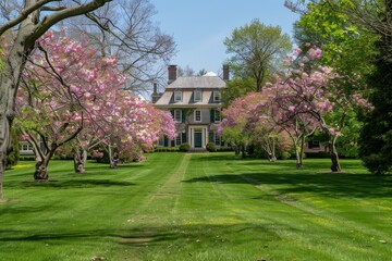 Fototapeta na wymiar A Majestic Springtime Display at the Historic Estate Park: Expansive Lawns Adorned with Blooming Crabapple Trees