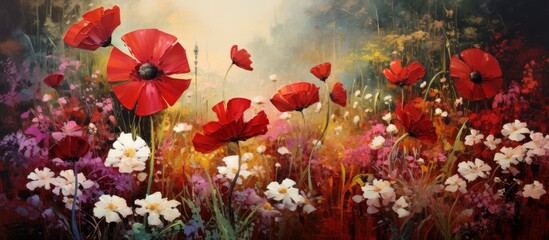 Obraz na płótnie Canvas A beautiful painting depicting red and white flowers in a field, showcasing the beauty of nature and creative arts through delicate petals and vibrant colors