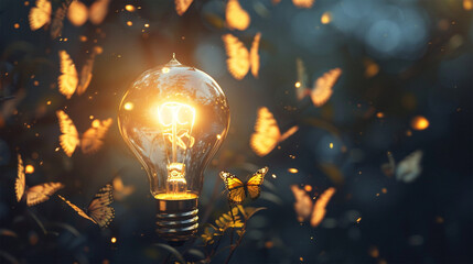 Light bulb glowing with butterflies flying around