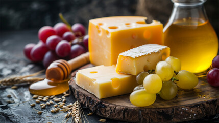 photo of cheese on wooden plate with grapes