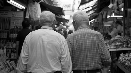 Fototapeta premium Two elderly men chat while walking side by side backs turned to the camera as they browse through an array of goods being sold . .