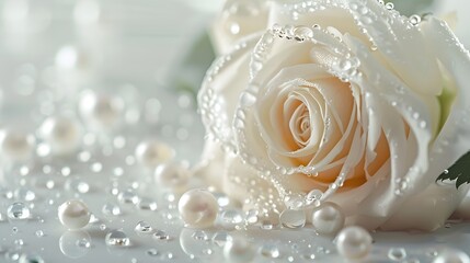 White rose and pearls in drops of water macro with soft focus on white background. Elegant gentle airy artistic template for congratulations.
 - Powered by Adobe