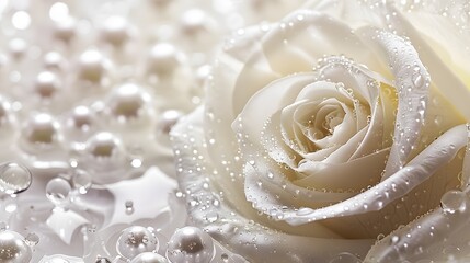White rose and pearls in drops of water macro with soft focus on white background. Elegant gentle airy artistic template for congratulations.

