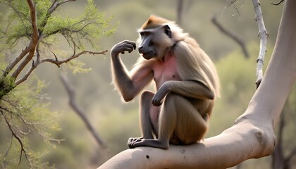 a-baboon-using-a-tree-branch-to-scratch-an-itch-s- 3 - obrazy, fototapety, plakaty