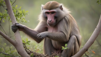 a-baboon-using-its-hands-to-build-a-nest-lining-i- 3 - obrazy, fototapety, plakaty