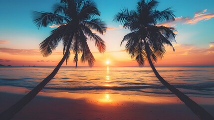 Luxurious tropical beach landscape. Silhouettes of palm trees against sky at sunset or dawn.