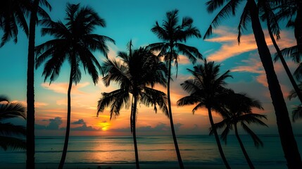 Luxurious tropical beach landscape. Silhouettes of palm trees against sky at sunset or dawn.