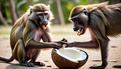 a-baboon-using-its-strong-jaws-to-open-a-coconut- 2 - obrazy, fototapety, plakaty