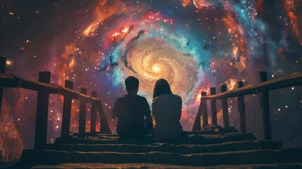 A pair of friends sitting on the staircase their backs to the camera as they take in the breathtaking view of the galactic portal . . - obrazy, fototapety, plakaty