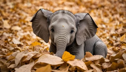 Foto op Aluminium a-baby-elephant-playing-in-a-pile-of-leaves- © Mehwish