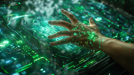 Hands interacting with a futuristic green tech interface on a holographic display