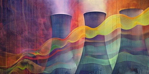 Colorful Abstract Art Blends with Industrial Smokestacks in Surreal Composition - 771130312