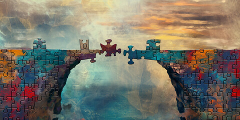 Abstract Puzzle Bridge Against Artistic Backdrop: Conceptual Image Interpretation - 771130326
