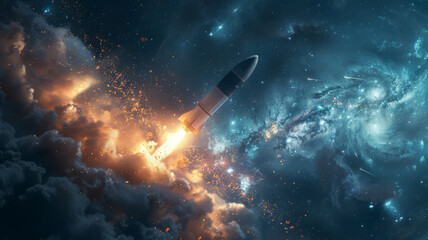 Rocket ignition in the night sky, flames propelling a space mission - obrazy, fototapety, plakaty