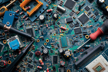 Closeup View of Circuit Boards Filled with Electronic Components and Tools - 771130334
