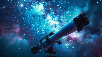 Star gazing through a telescope with a soft galaxy presence - obrazy, fototapety, plakaty