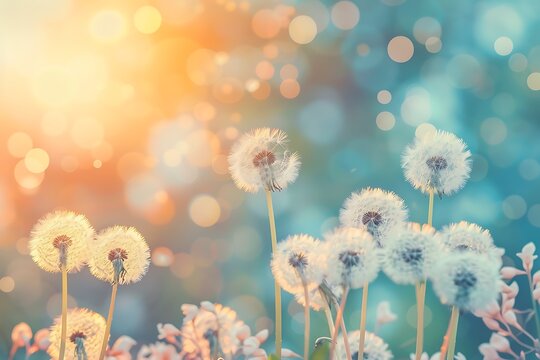 Beautiful dandelion flowers with blurred gradient spring nature background image.