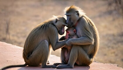 a-baboon-grooming-its-mate-showing-affection-and- 3 - obrazy, fototapety, plakaty