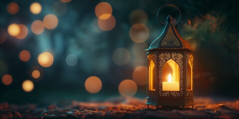Ramzan Kareem and the idea of Eid Mubarak, an Islamic holiday, are celebrated with a light-colored lantern. - obrazy, fototapety, plakaty