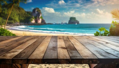 empty wooden table set against a serene beach background, juxtaposing tranquility and rusticity,...