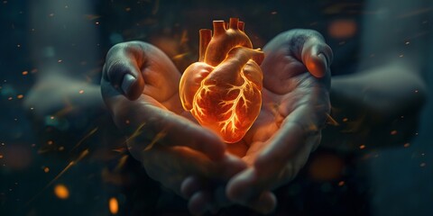 radiant human heart in the palms of the hands - obrazy, fototapety, plakaty