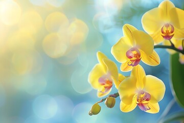 Fototapeta na wymiar Beautiful yellow orchid flowers with blurred gradient spring nature background image.