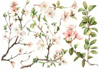 Obraz na płótnie Canvas Springtime Florals: foral clip art depicting blooming flowers, budding branches, and fresh foliage