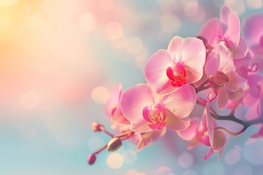 Beautiful pink orchid flowers with blurred gradient spring nature background image.