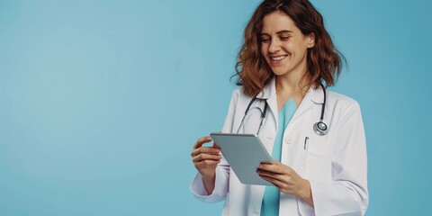 Mature reliable female doctor holding digital tablet and looking at the screen, smiling while standing against blue background. Healthcare and digital technologies, health care concept, copy space.