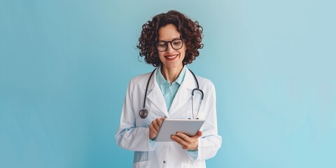 Mature reliable female doctor holding digital tablet and looking at the screen, smiling while standing against blue background. Healthcare and digital technologies, health care concept, copy space. - obrazy, fototapety, plakaty
