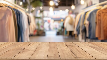 Blank wooden counter board on blurred clothing store background with copy space, for product display and small business backgrounds.