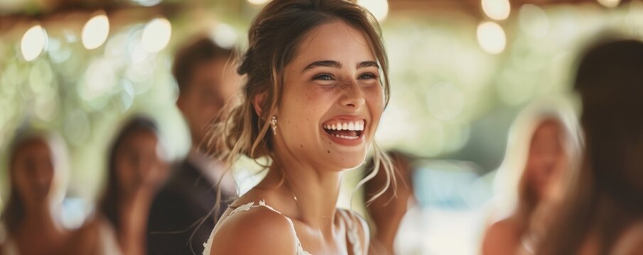 Highlight photo of a beautiful young bride smiling at her wedding reception party, snapshot of the happiness moment, copy space.