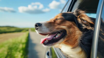 Happy traveling dog by a car, smiling doggy puppy loves spring wind, copy space.