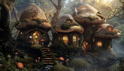 Fototapeta premium Mushroom Houses in a fantasy Forest